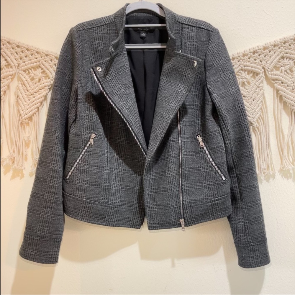 NWOT Ann Taylor Gray Plaid Moto Jacket Size 4